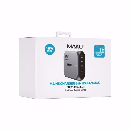 Picture of Mako Mako 188W GaN2 EU Mains Charger USB-C/USB-C/USB-C/USB-A/USB-A in Black (Cable 1M)